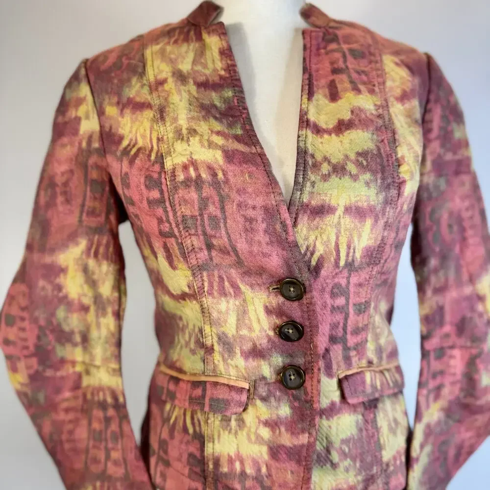 Free People Ikat Tribal Tie Dye Blazer Jacket Women’s 2 Cotton Boho Y2K Western - Picture 4 of 16